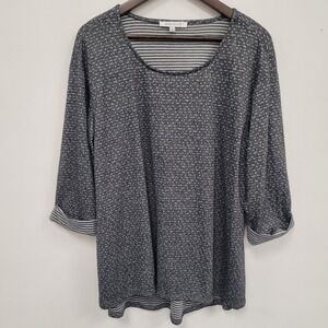 Rose + Olive Womens Textured Knit Roll Tab Sleeve Top Size 1X Gray Contrast Cuff